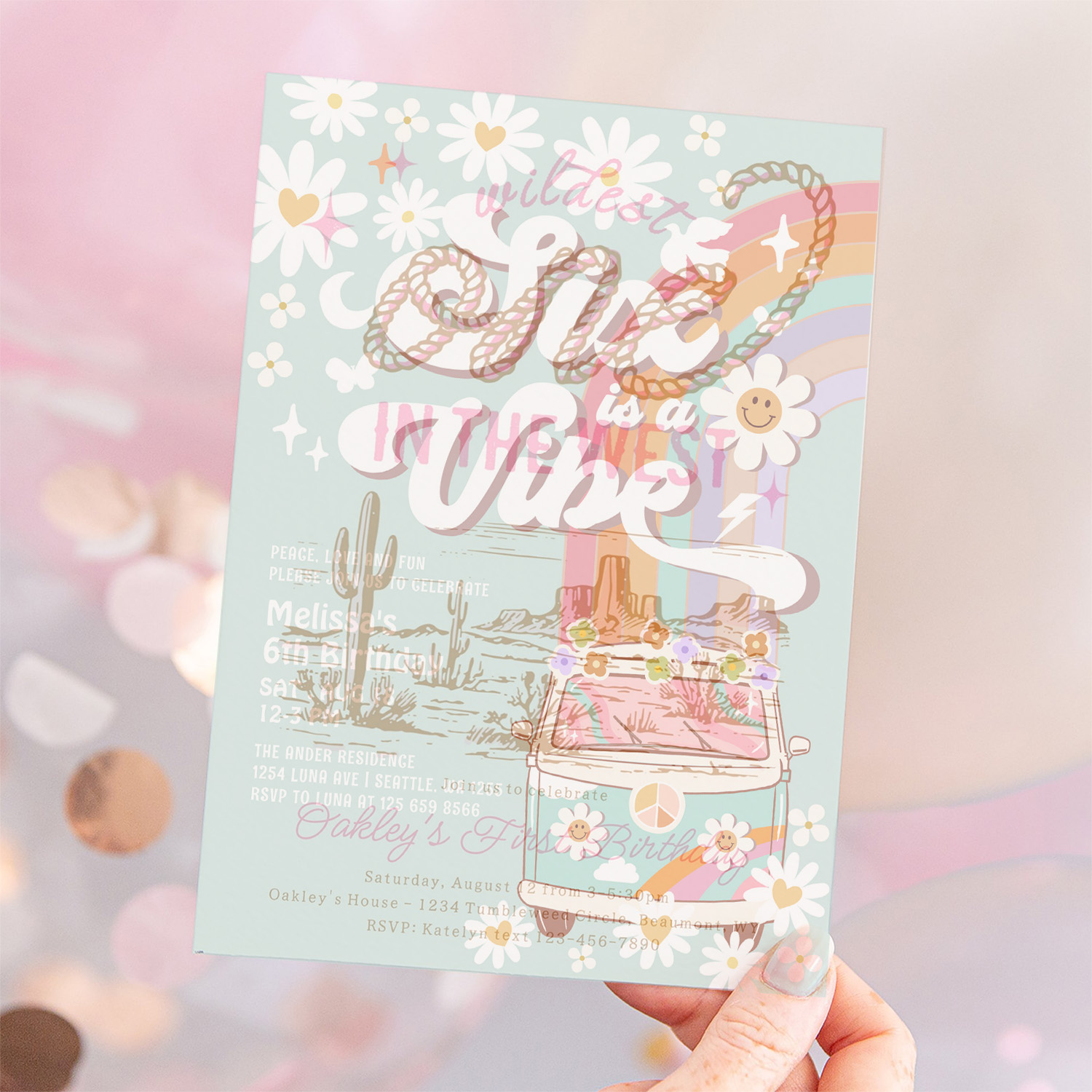 Six Is A Vibe Daisy Rainbow Groovy 6th Birthday Invitation - Image 12