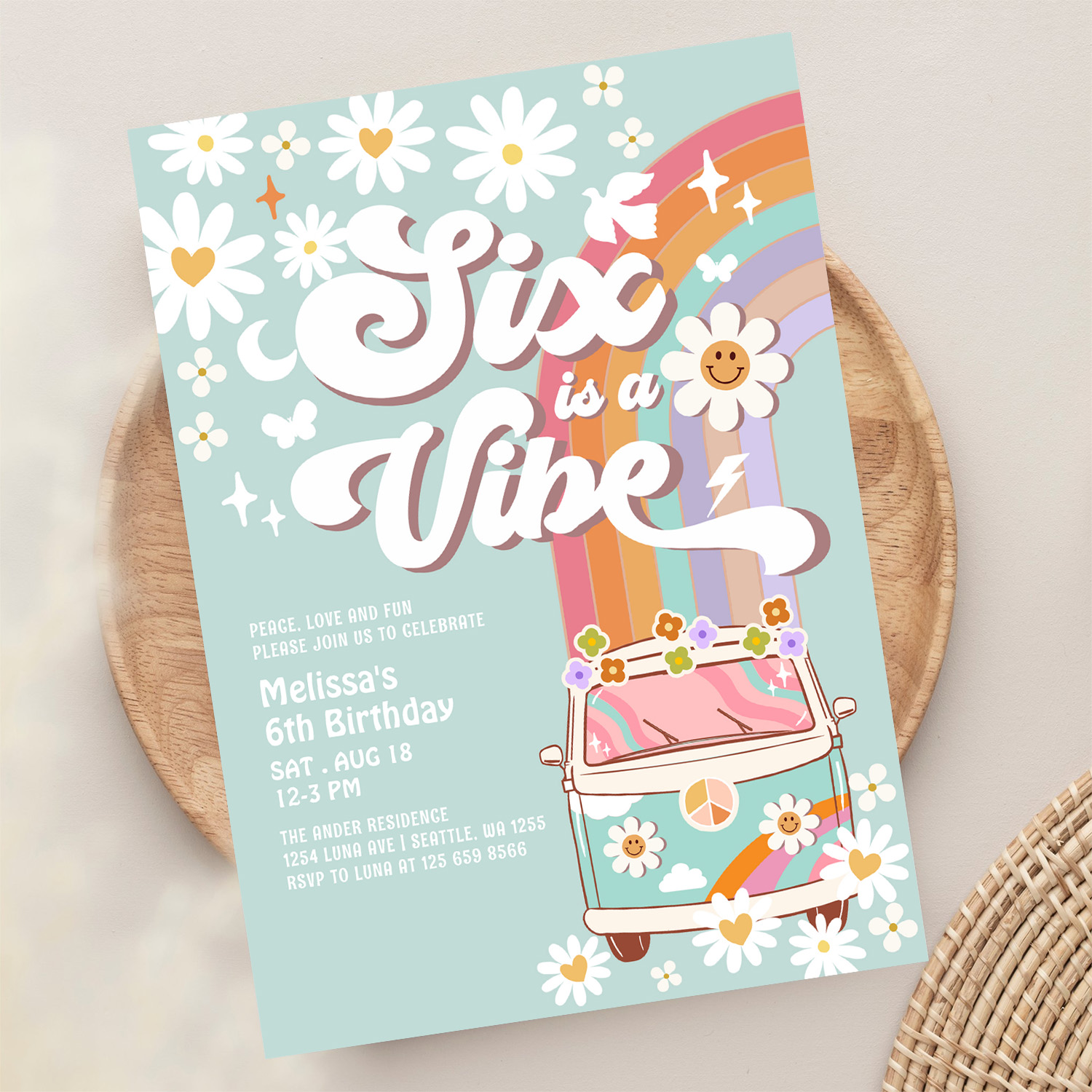 Six Is A Vibe Daisy Rainbow Groovy 6th Birthday Invitation - Image 13
