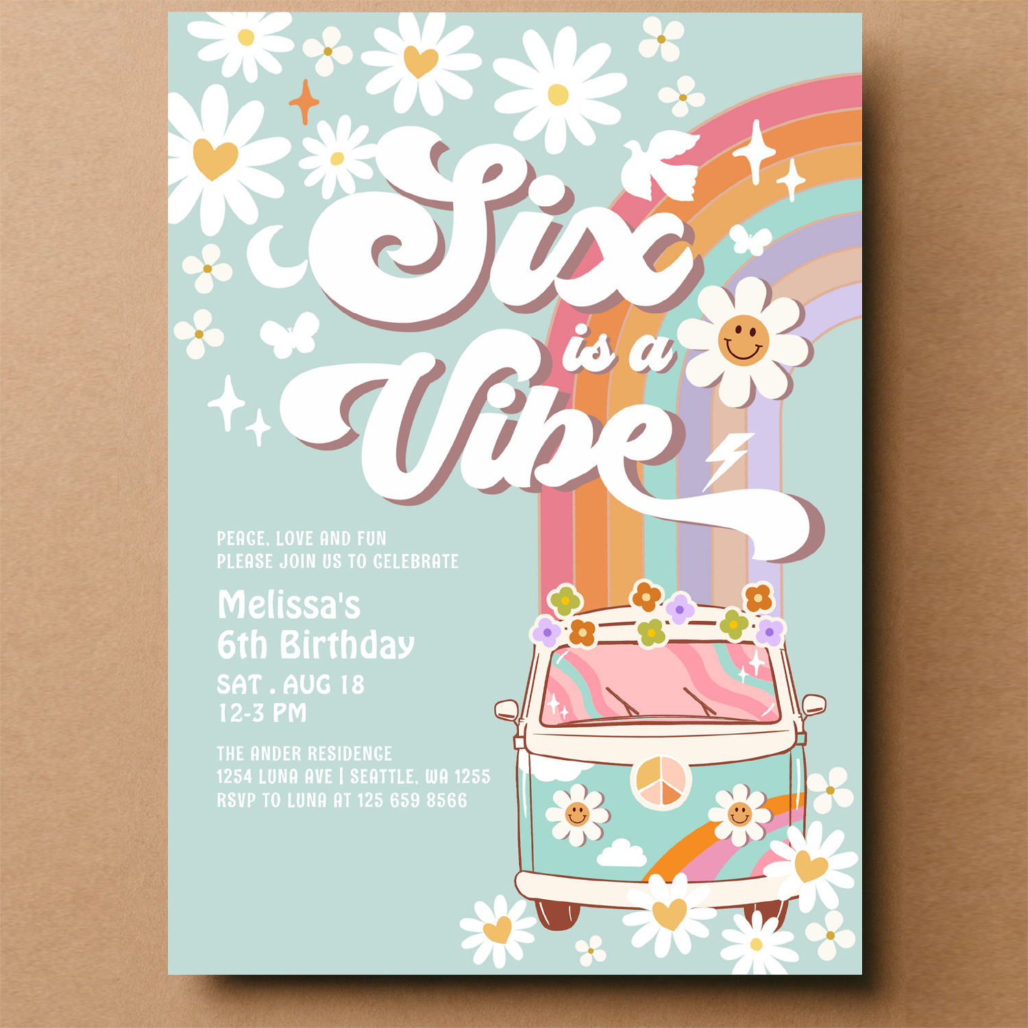 Six Is A Vibe Daisy Rainbow Groovy 6th Birthday Invitation - Image 14