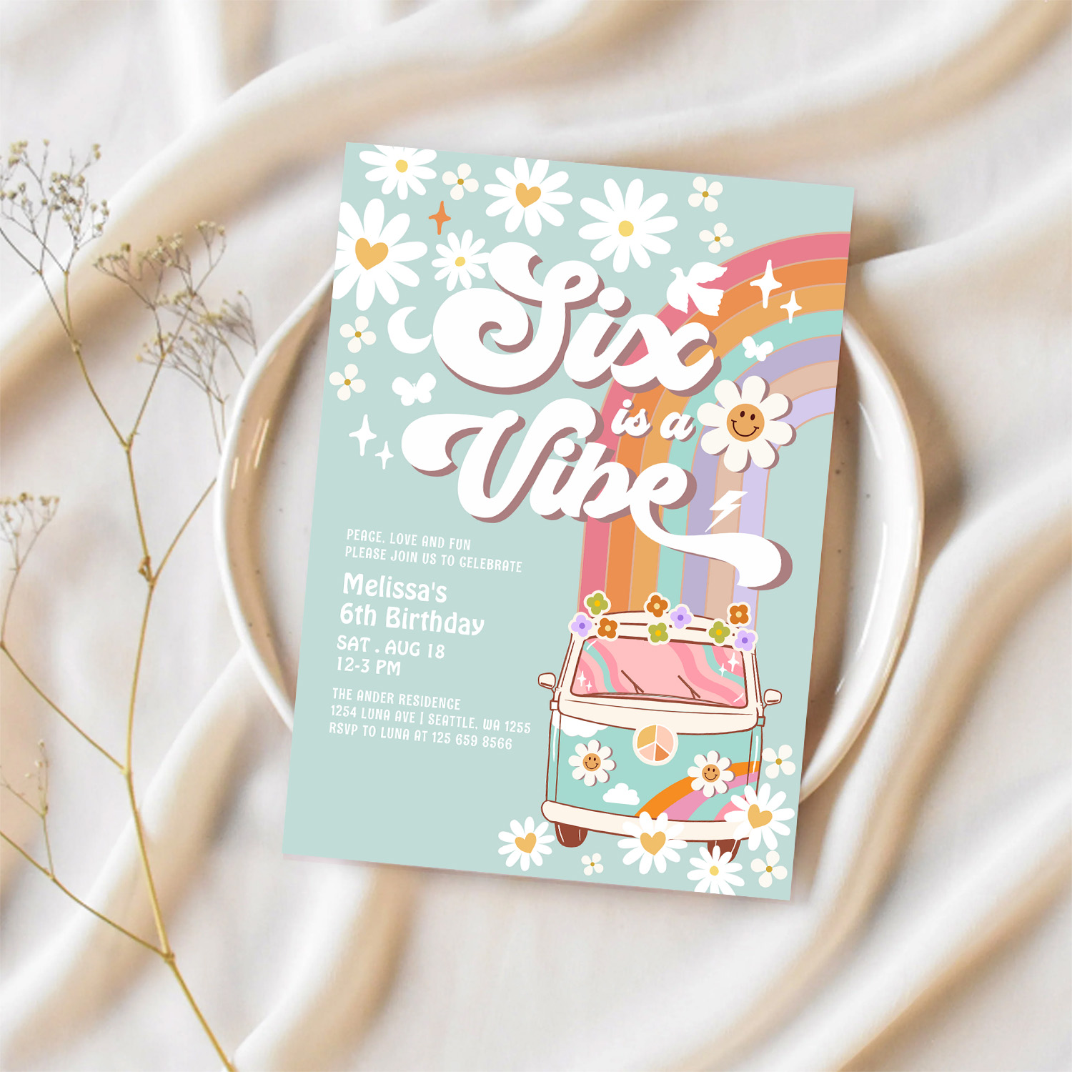 Six Is A Vibe Daisy Rainbow Groovy 6th Birthday Invitation - Image 2