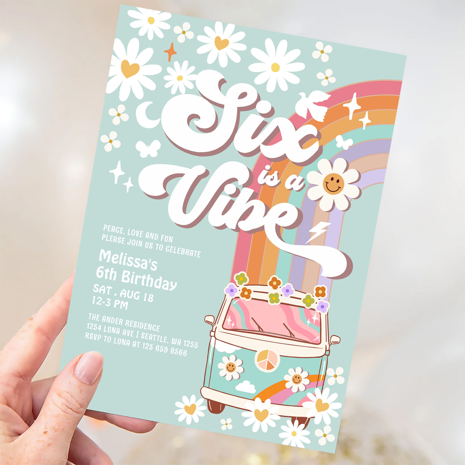 Six Is A Vibe Daisy Rainbow Groovy 6th Birthday Invitation - Image 3