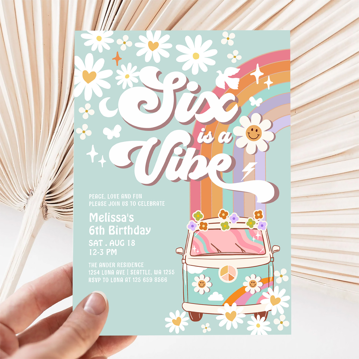 Six Is A Vibe Daisy Rainbow Groovy 6th Birthday Invitation - Image 5
