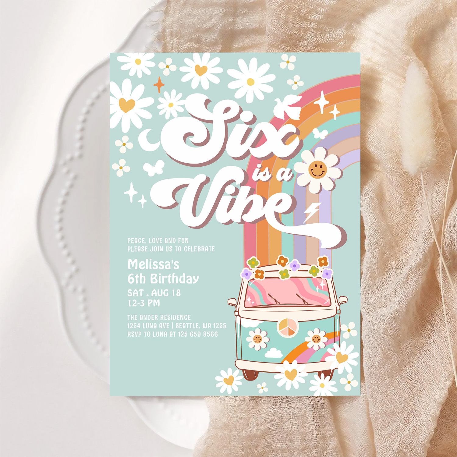 Six Is A Vibe Daisy Rainbow Groovy 6th Birthday Invitation - Image 6