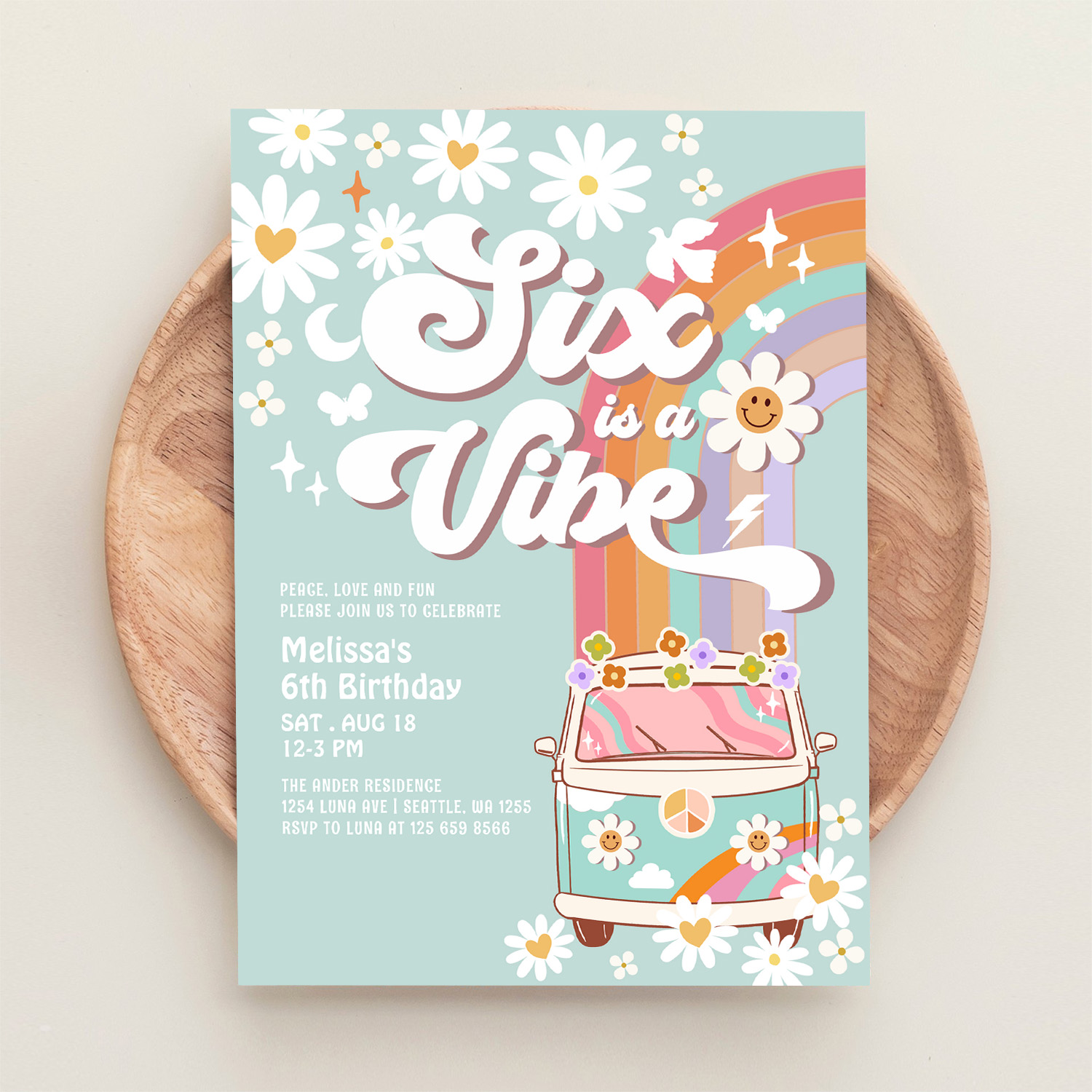 Six Is A Vibe Daisy Rainbow Groovy 6th Birthday Invitation - Image 7