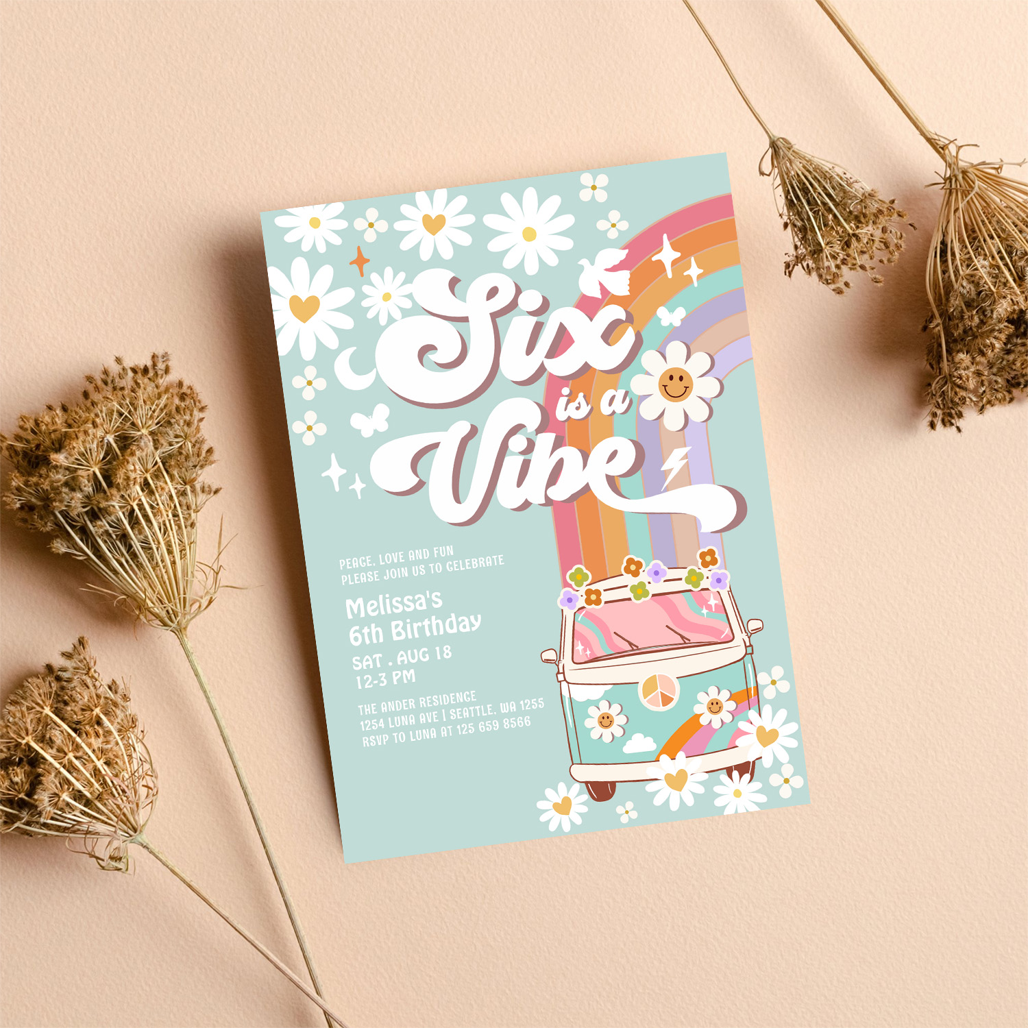 Six Is A Vibe Daisy Rainbow Groovy 6th Birthday Invitation - Image 8