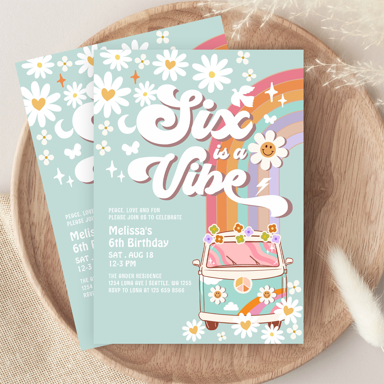 Six Is A Vibe Daisy Rainbow Groovy 6th Birthday Invitation - Image 9