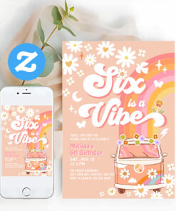 Six Is A Vibe Girl Pink Peach Daisy 6th Birthday Invitation