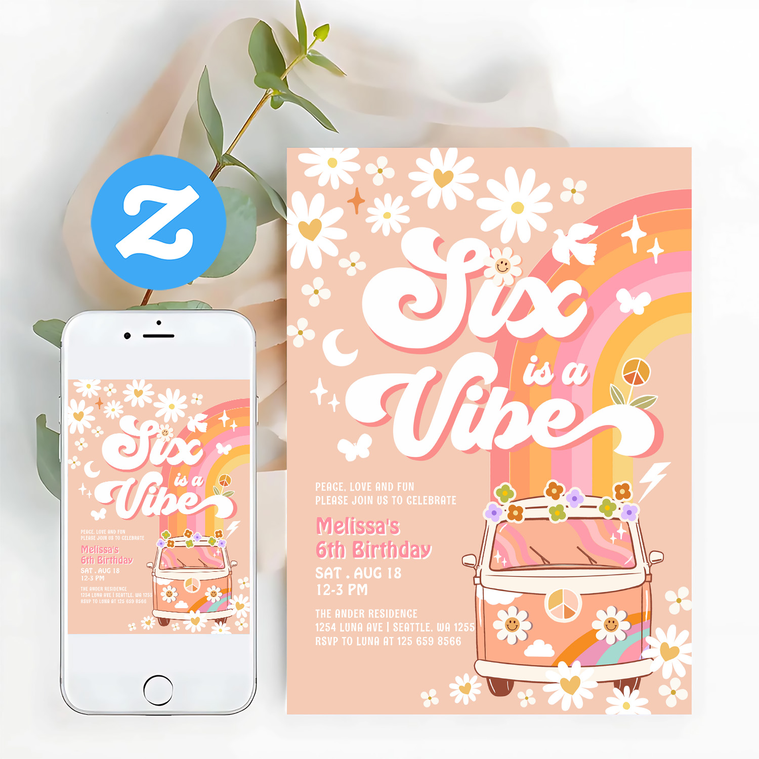 Six Is A Vibe Girl Pink Peach Daisy 6th Birthday Invitation