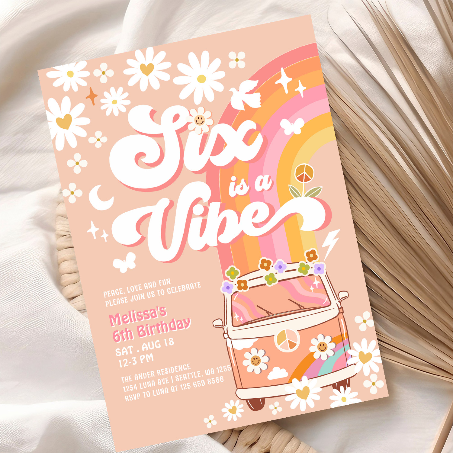 Six Is A Vibe Girl Pink Peach Daisy 6th Birthday Invitation - Image 10
