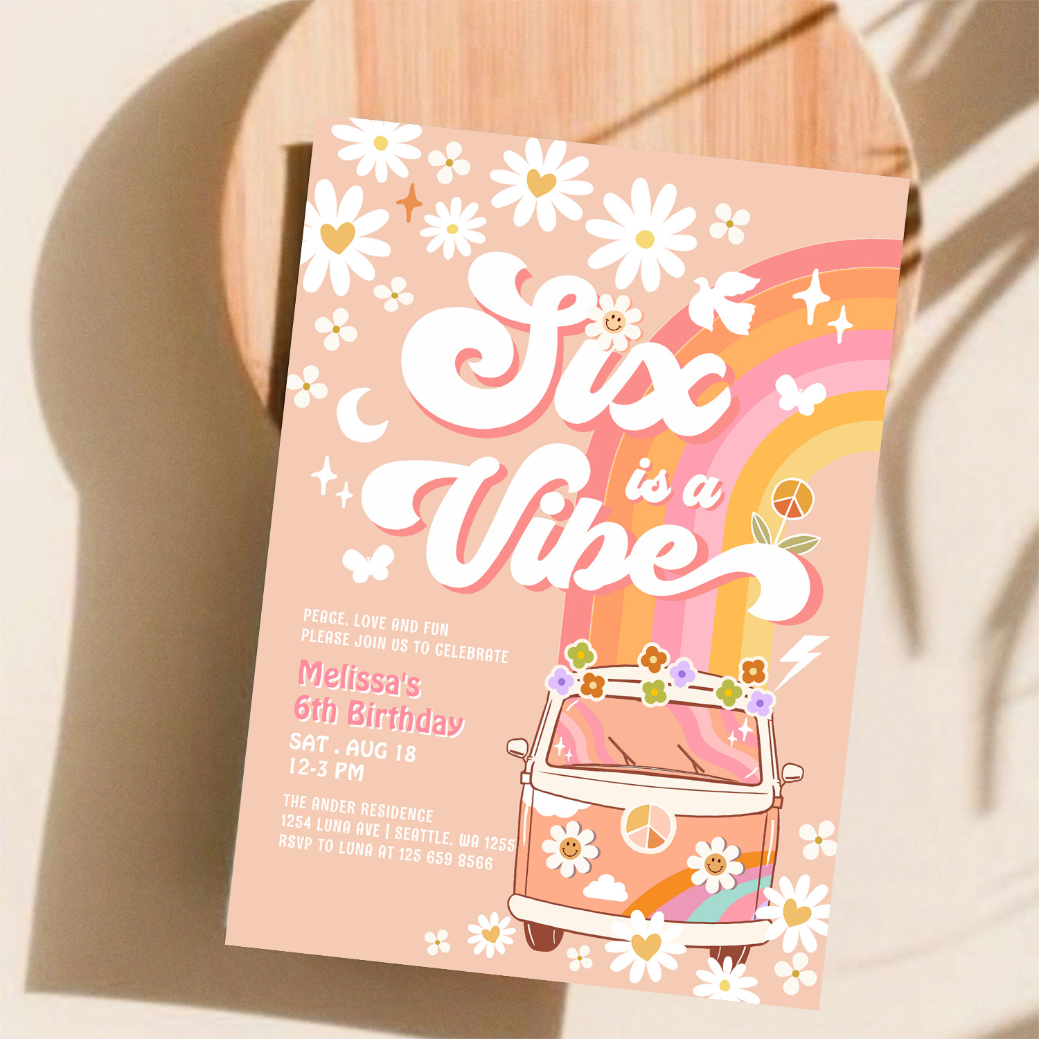 Six Is A Vibe Girl Pink Peach Daisy 6th Birthday Invitation - Image 11
