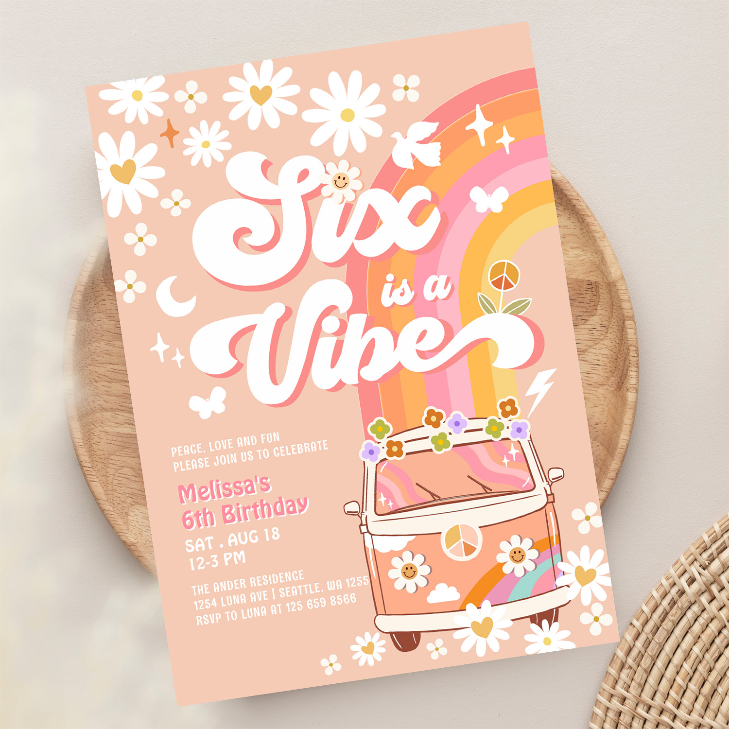 Six Is A Vibe Girl Pink Peach Daisy 6th Birthday Invitation - Image 13