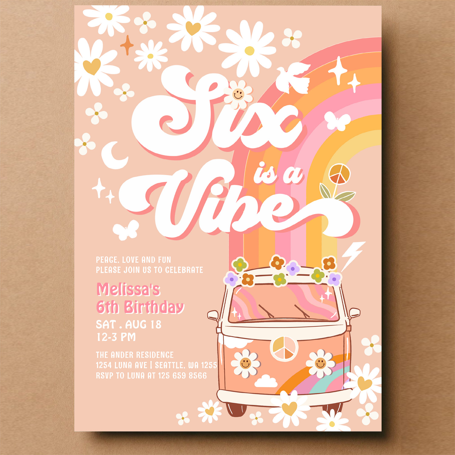 Six Is A Vibe Girl Pink Peach Daisy 6th Birthday Invitation - Image 14
