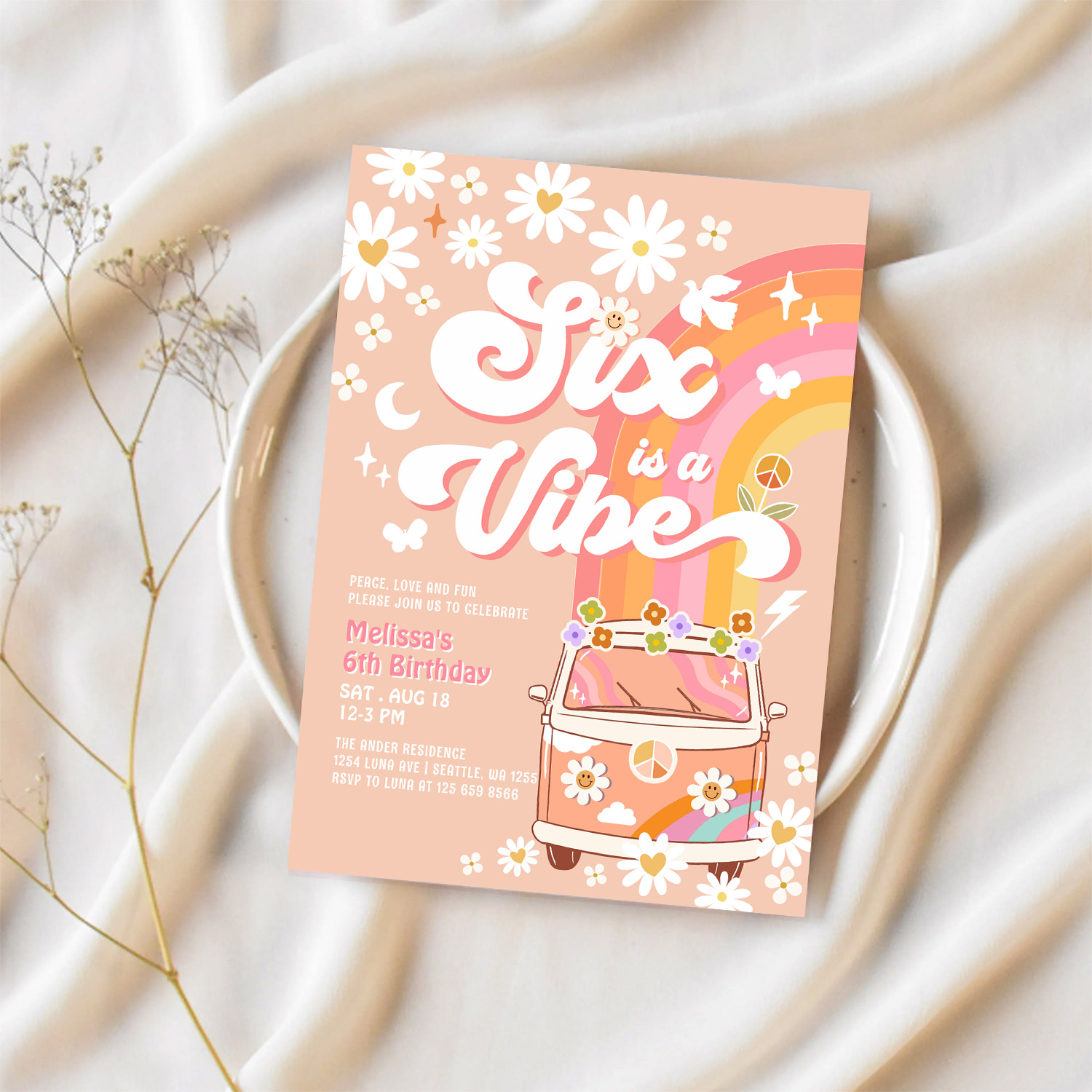 Six Is A Vibe Girl Pink Peach Daisy 6th Birthday Invitation - Image 2
