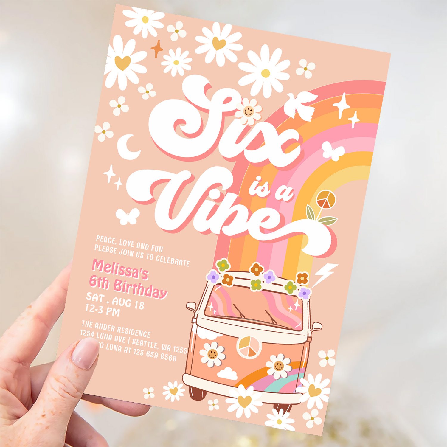 Six Is A Vibe Girl Pink Peach Daisy 6th Birthday Invitation - Image 3