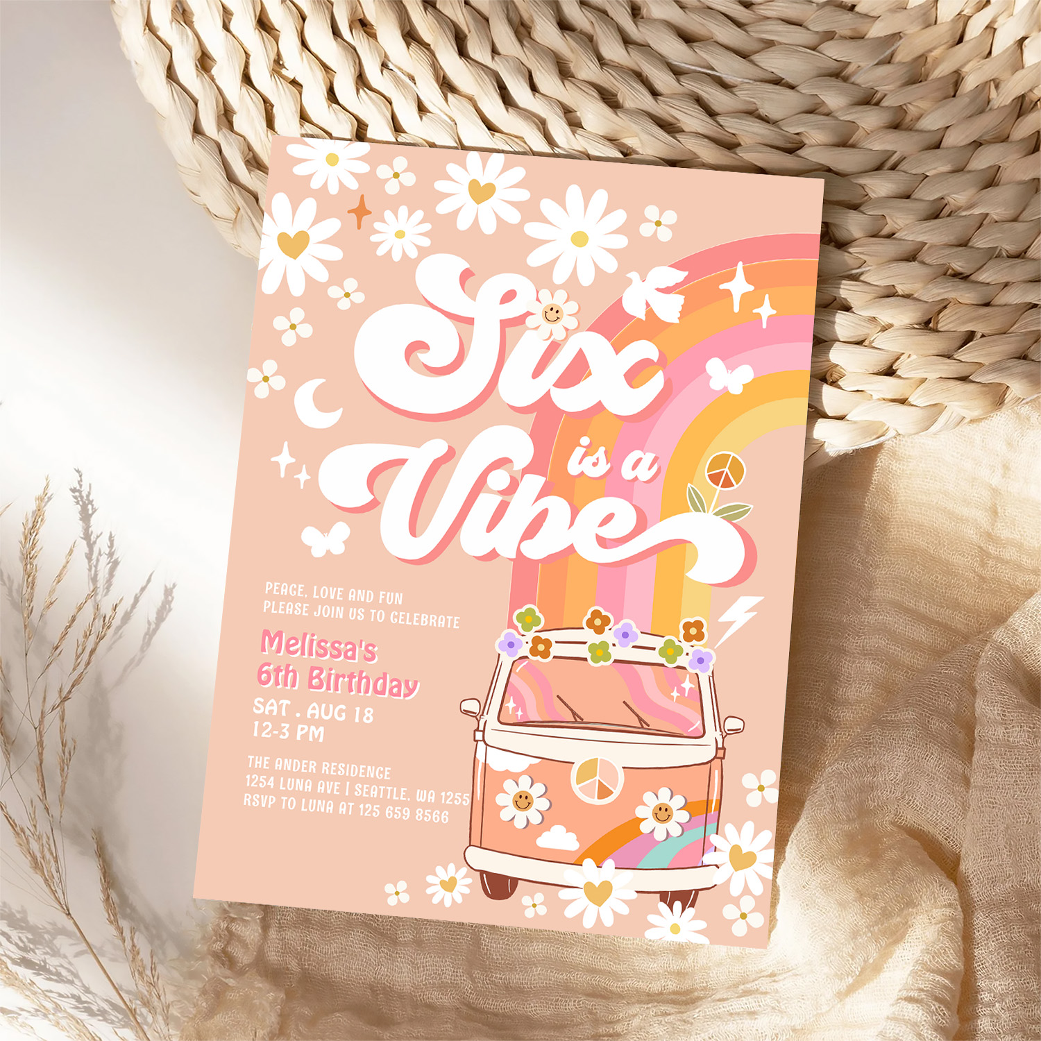Six Is A Vibe Girl Pink Peach Daisy 6th Birthday Invitation - Image 4