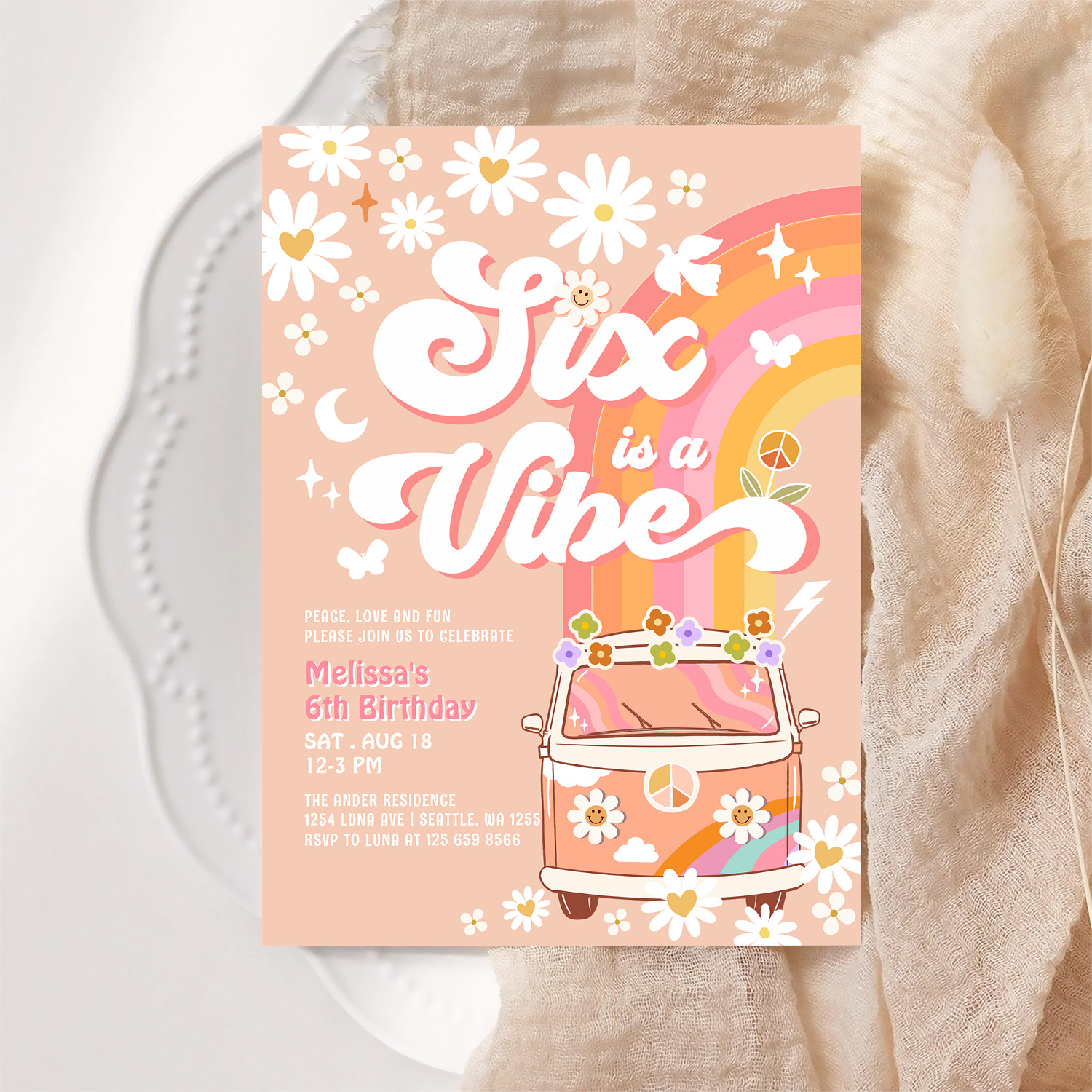 Six Is A Vibe Girl Pink Peach Daisy 6th Birthday Invitation - Image 6