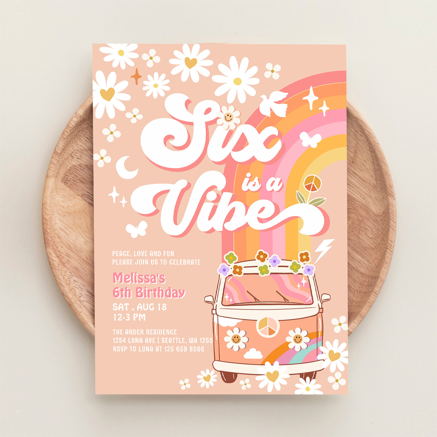 Six Is A Vibe Girl Pink Peach Daisy 6th Birthday Invitation - Image 7