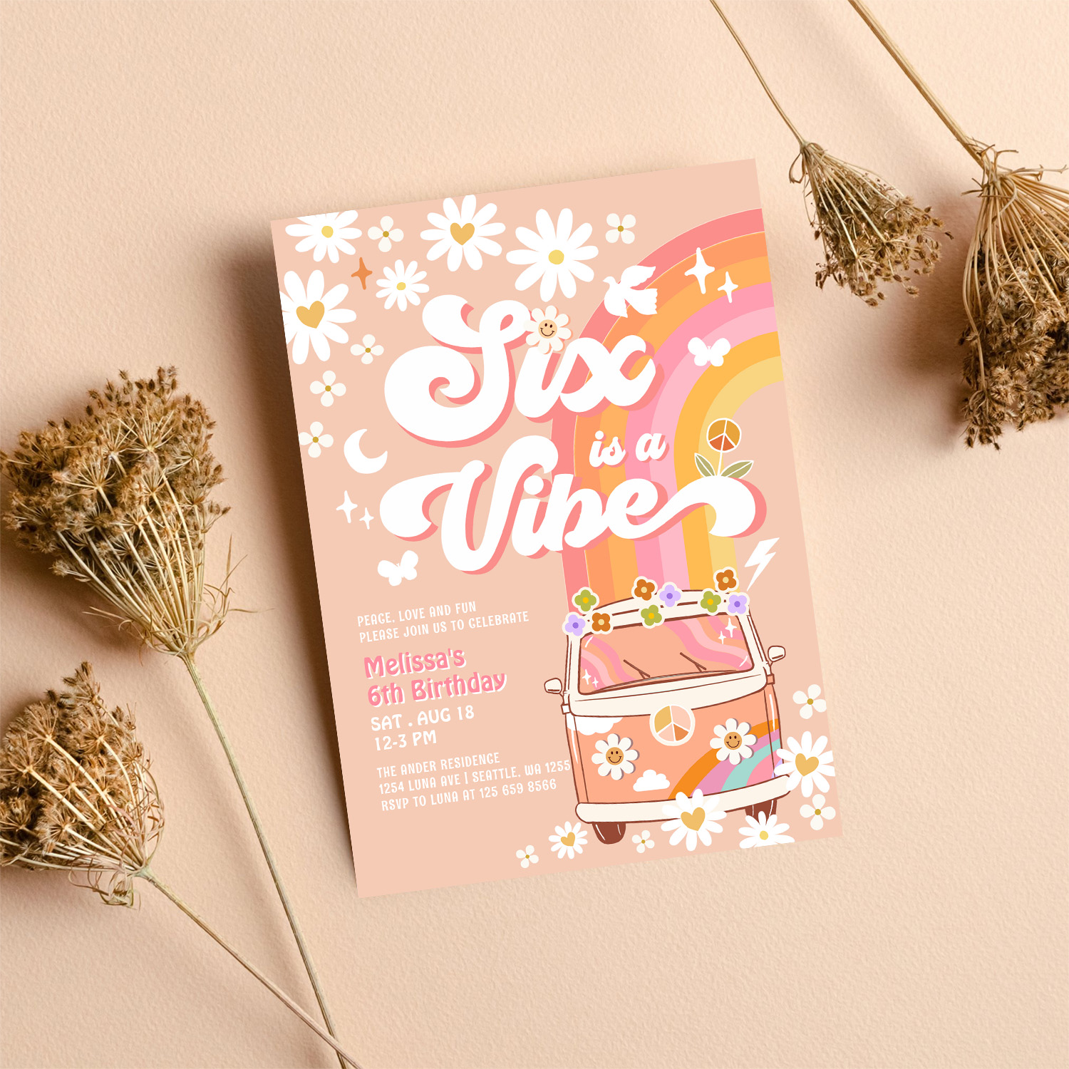 Six Is A Vibe Girl Pink Peach Daisy 6th Birthday Invitation - Image 8