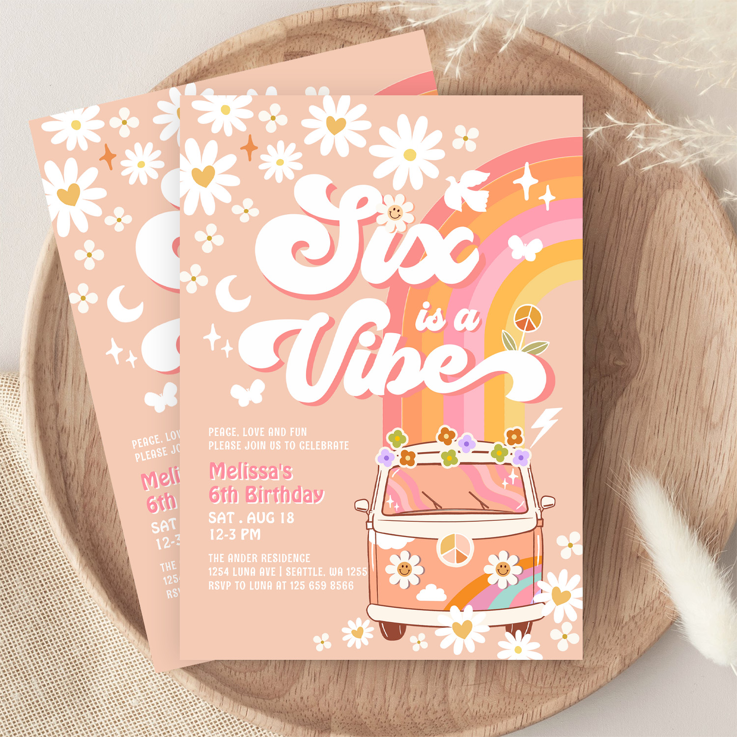 Six Is A Vibe Girl Pink Peach Daisy 6th Birthday Invitation - Image 9