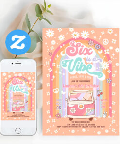 Six Is A Vibe Groovy Van Hippie 6th Birthday Invitation