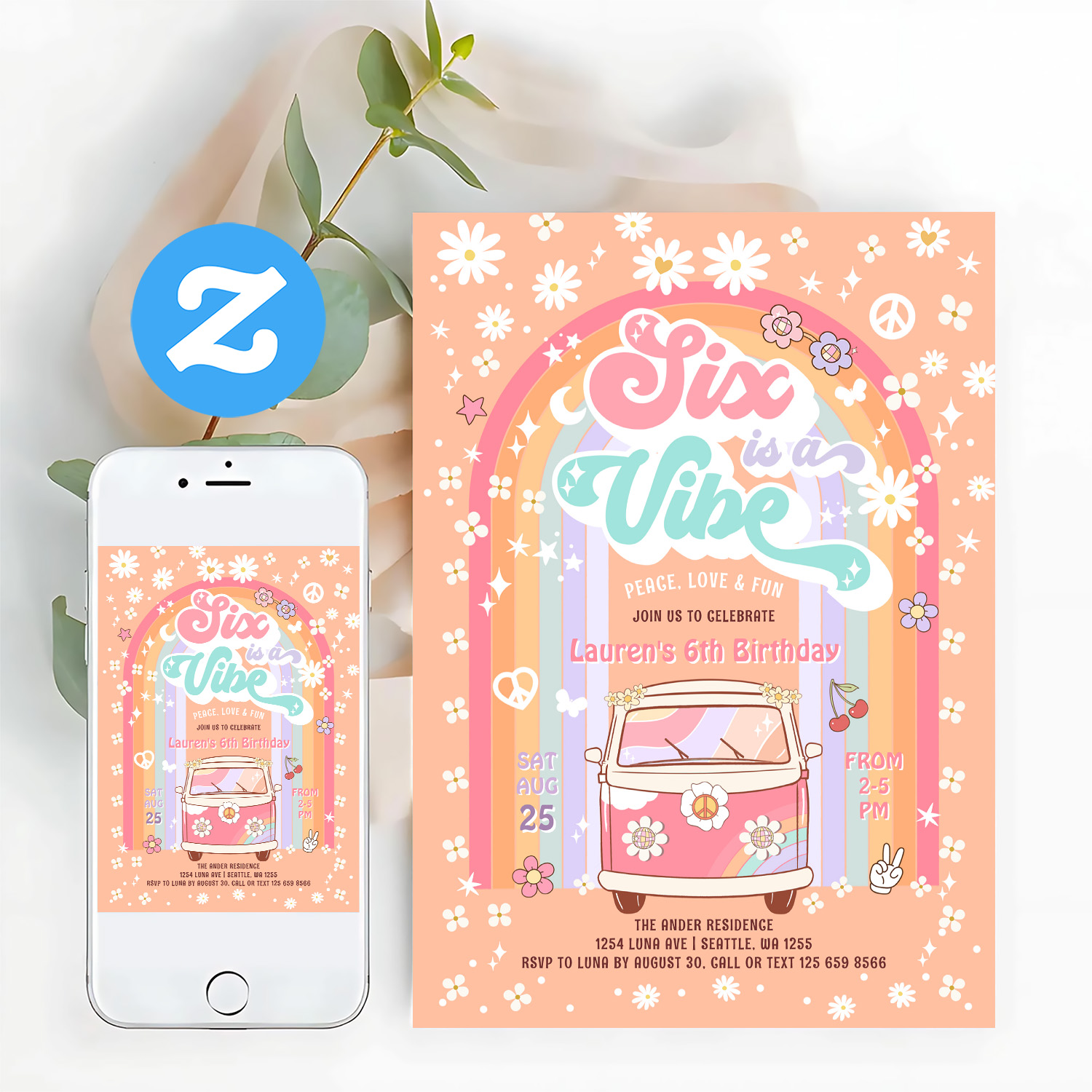 Six Is A Vibe Groovy Van Hippie 6th Birthday Invitation