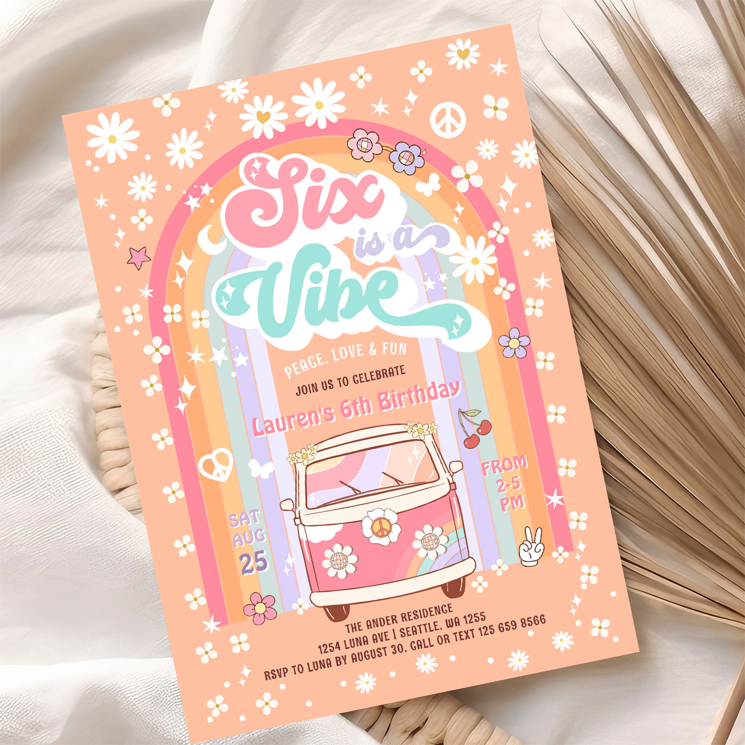 Six Is A Vibe Groovy Van Hippie 6th Birthday Invitation - Image 10