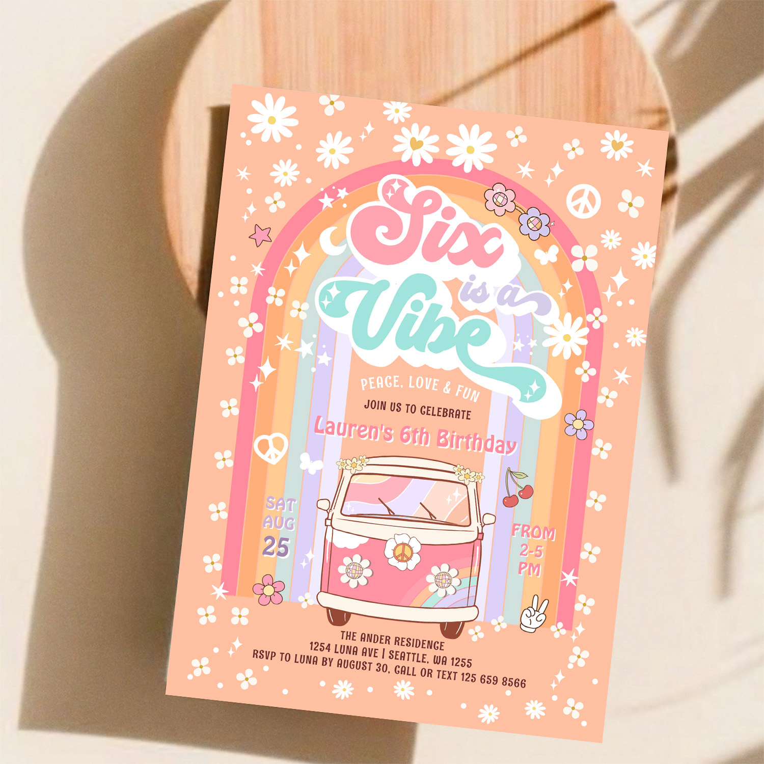 Six Is A Vibe Groovy Van Hippie 6th Birthday Invitation - Image 11