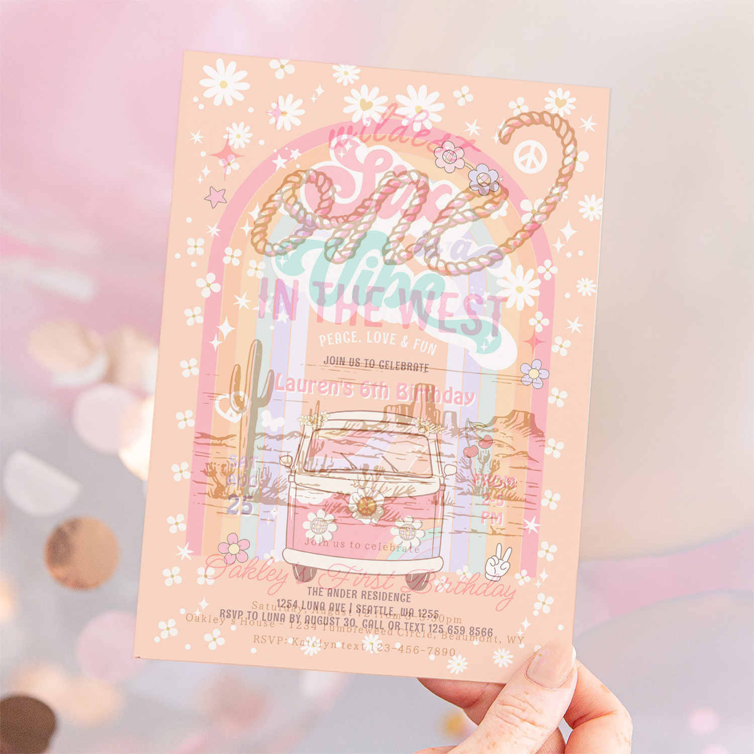 Six Is A Vibe Groovy Van Hippie 6th Birthday Invitation - Image 12