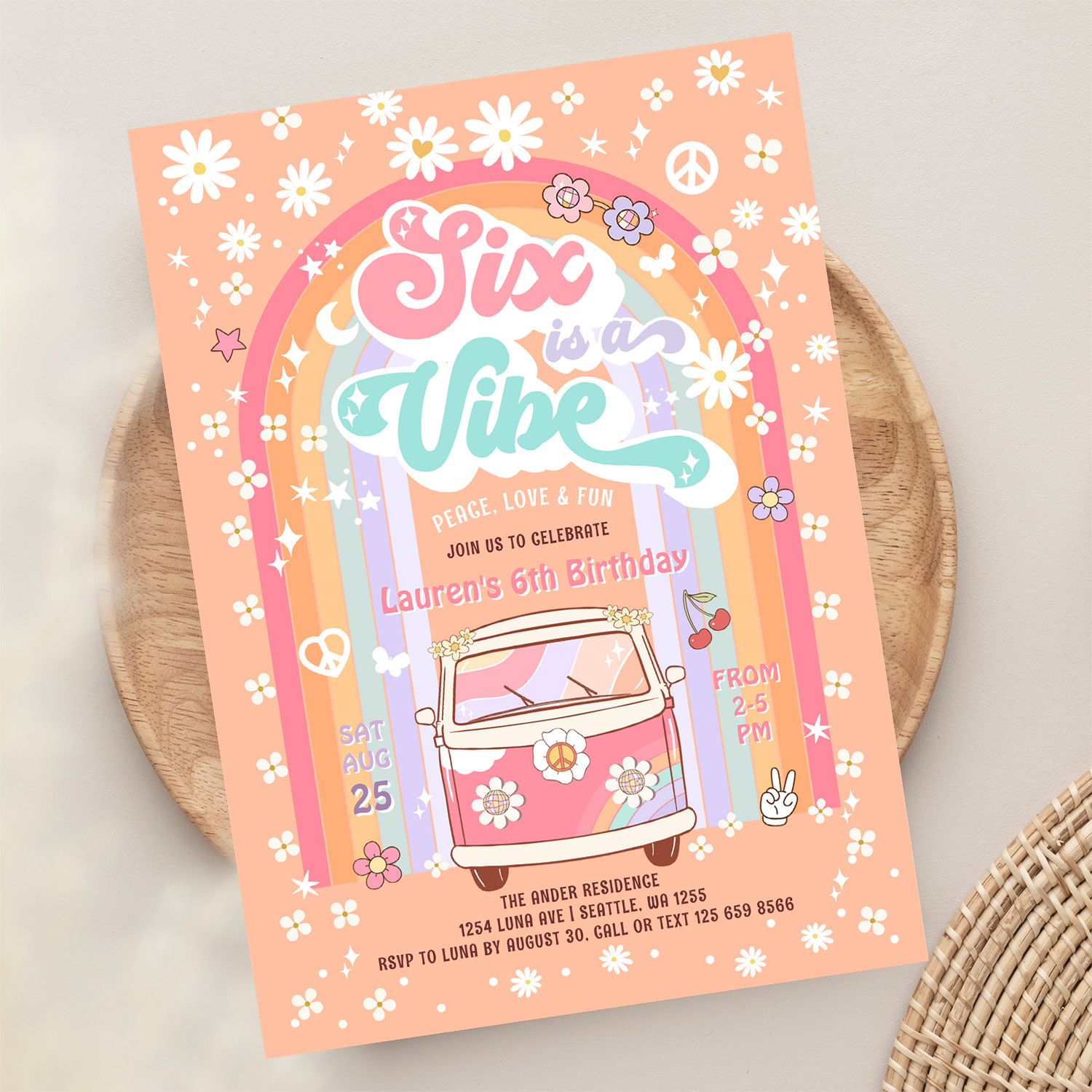 Six Is A Vibe Groovy Van Hippie 6th Birthday Invitation - Image 13