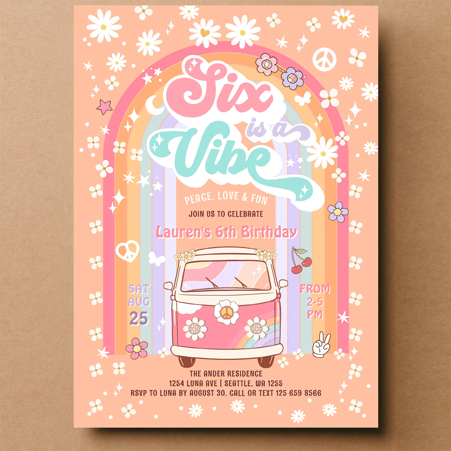 Six Is A Vibe Groovy Van Hippie 6th Birthday Invitation - Image 14