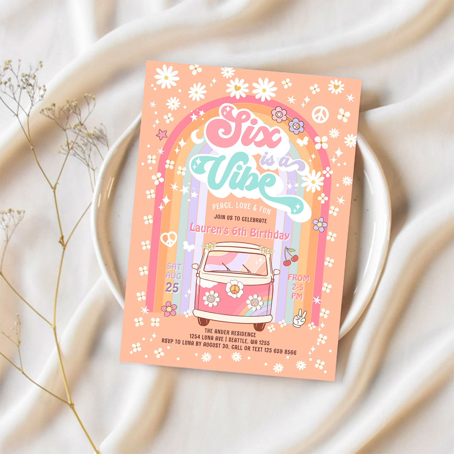 Six Is A Vibe Groovy Van Hippie 6th Birthday Invitation - Image 2