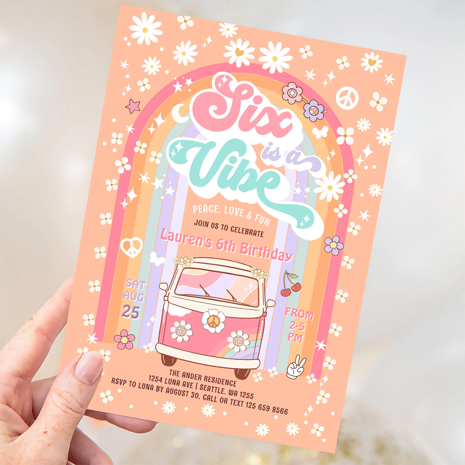 Six Is A Vibe Groovy Van Hippie 6th Birthday Invitation - Image 3