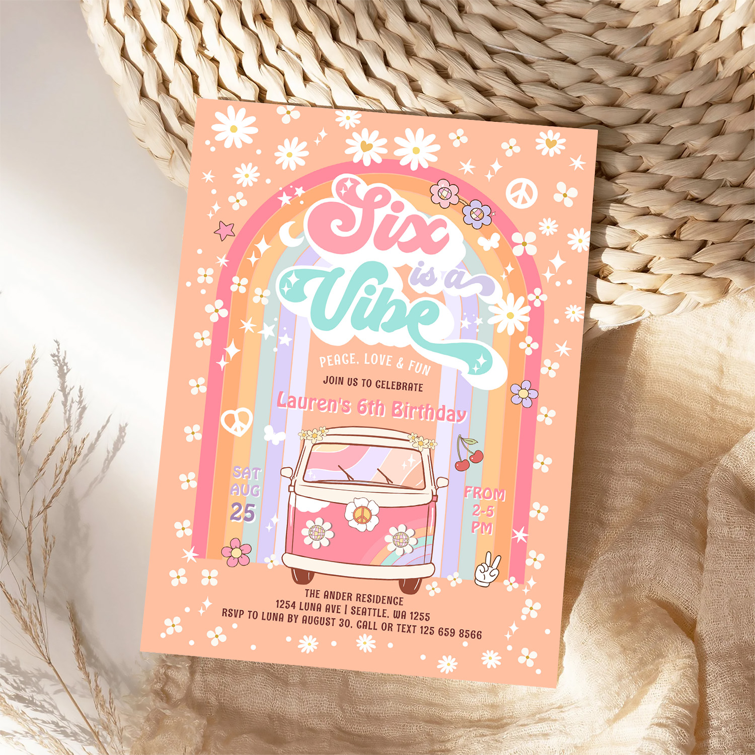 Six Is A Vibe Groovy Van Hippie 6th Birthday Invitation - Image 4