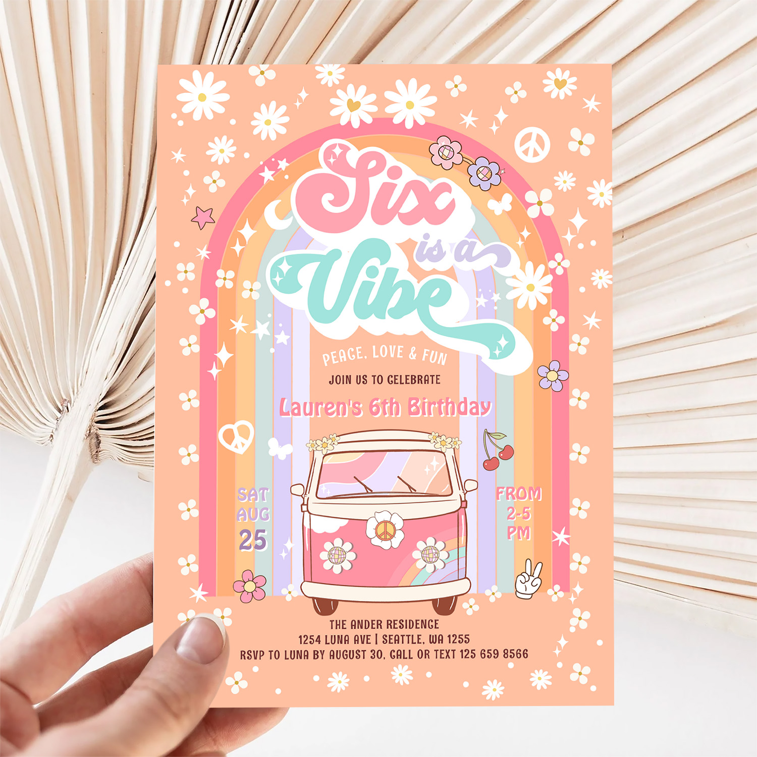 Six Is A Vibe Groovy Van Hippie 6th Birthday Invitation - Image 5