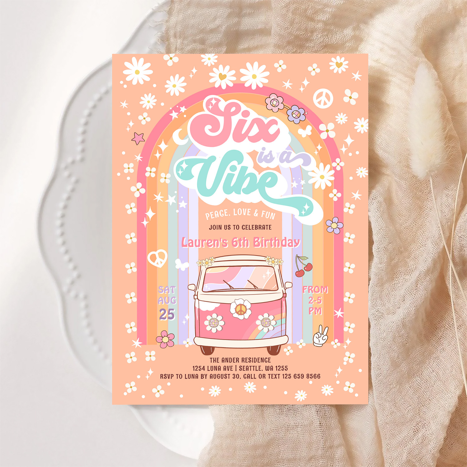 Six Is A Vibe Groovy Van Hippie 6th Birthday Invitation - Image 6