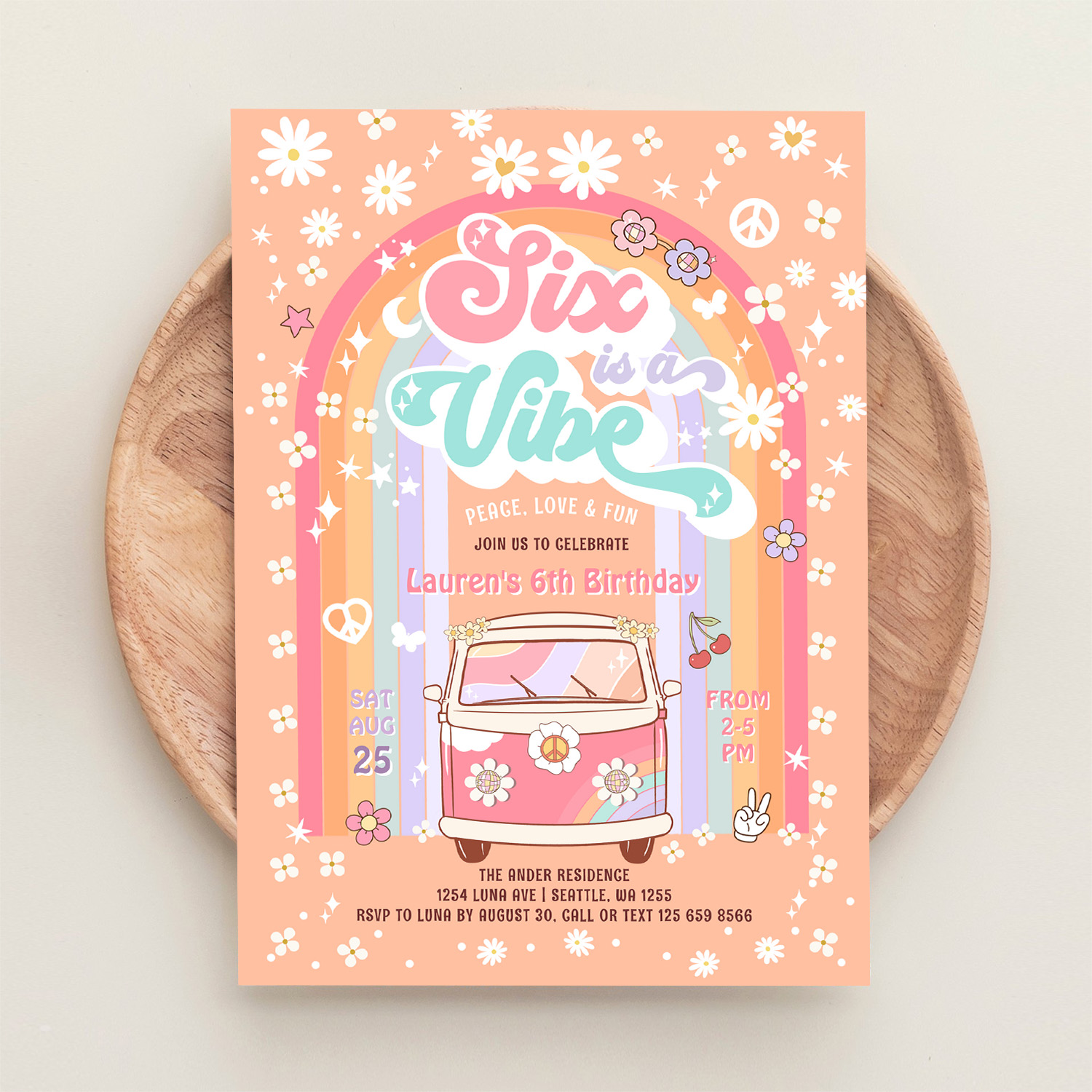 Six Is A Vibe Groovy Van Hippie 6th Birthday Invitation - Image 7