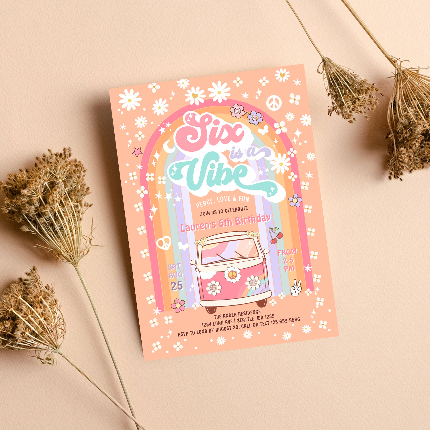 Six Is A Vibe Groovy Van Hippie 6th Birthday Invitation - Image 8