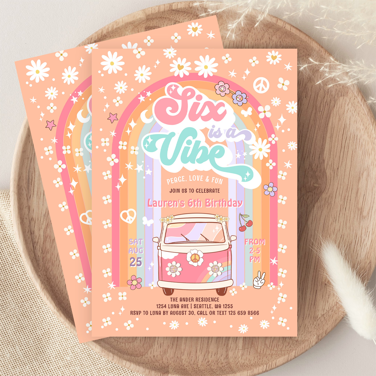 Six Is A Vibe Groovy Van Hippie 6th Birthday Invitation - Image 9