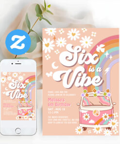 Six Is A Vibe Pink Daisy Rainbow Van Birthday Invitation