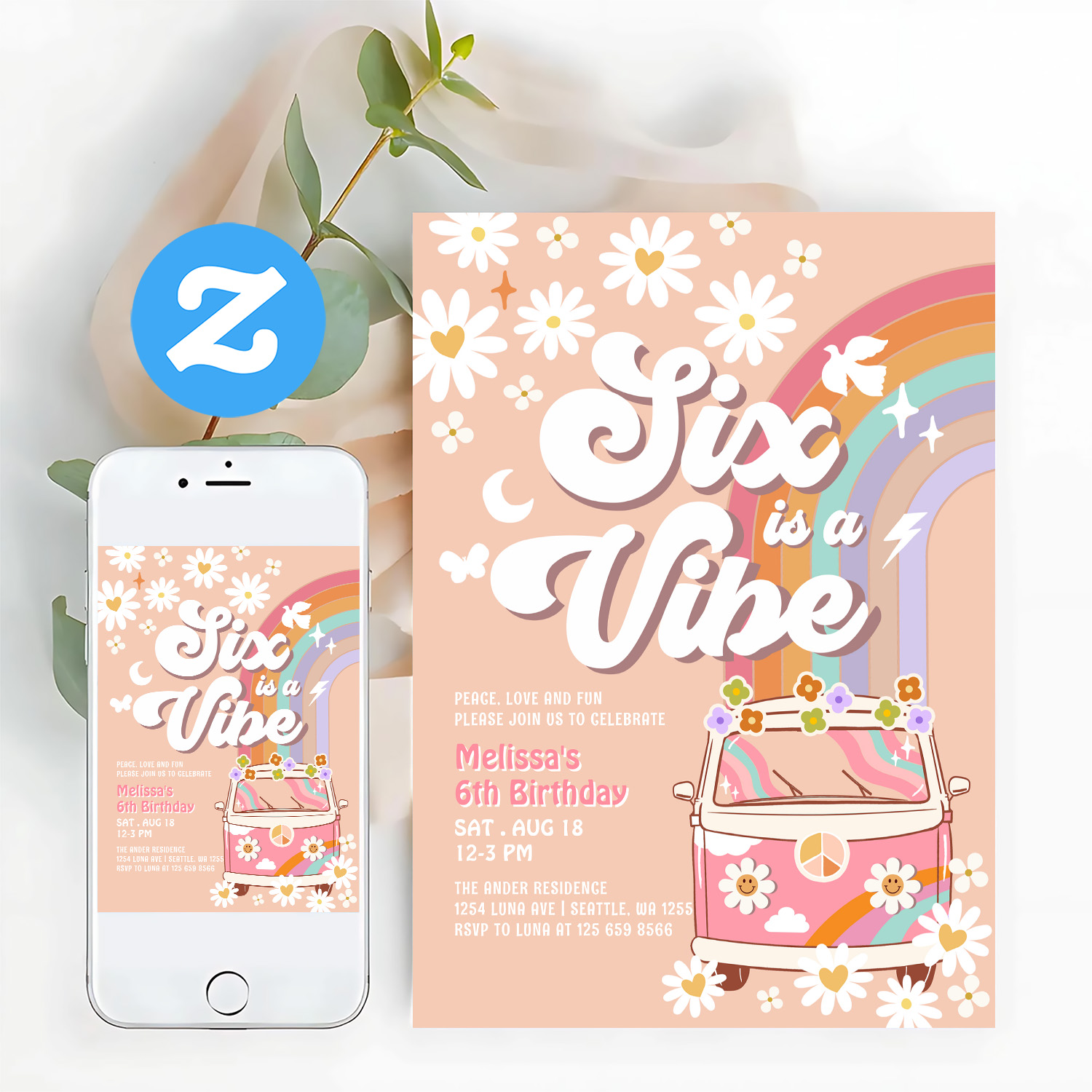 Six Is A Vibe Pink Daisy Rainbow Van Birthday Invitation