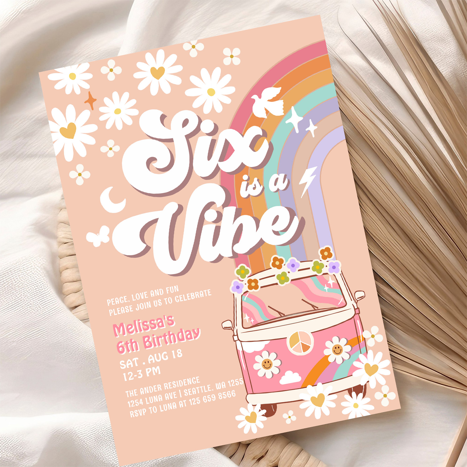 Six Is A Vibe Pink Daisy Rainbow Van Birthday Invitation - Image 10