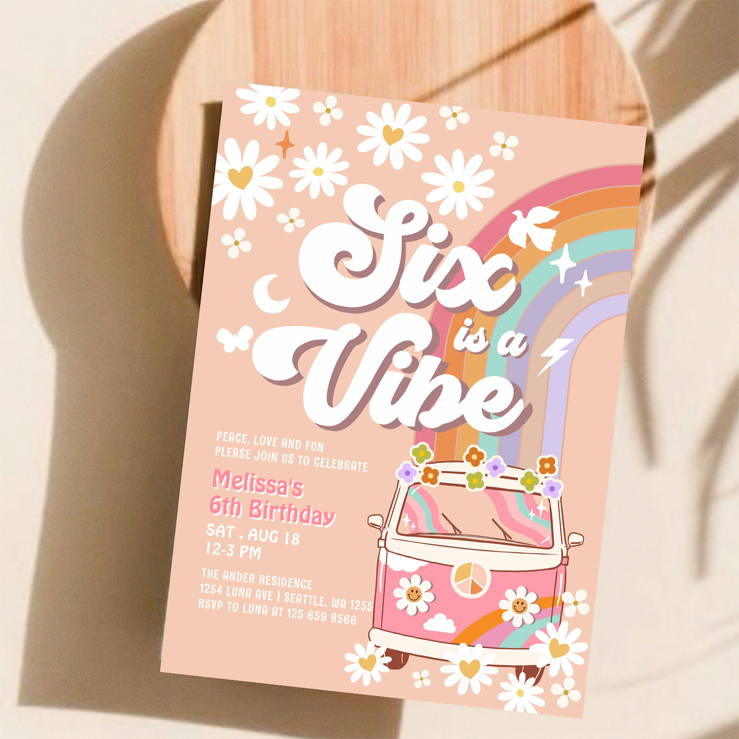 Six Is A Vibe Pink Daisy Rainbow Van Birthday Invitation - Image 11