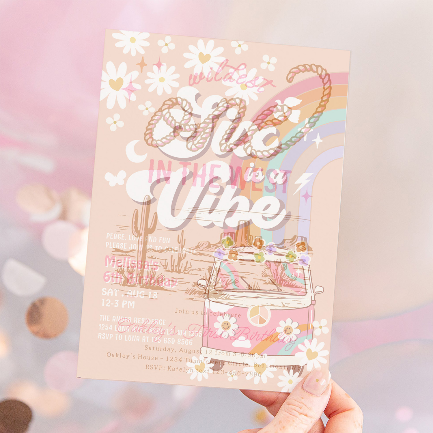 Six Is A Vibe Pink Daisy Rainbow Van Birthday Invitation - Image 12