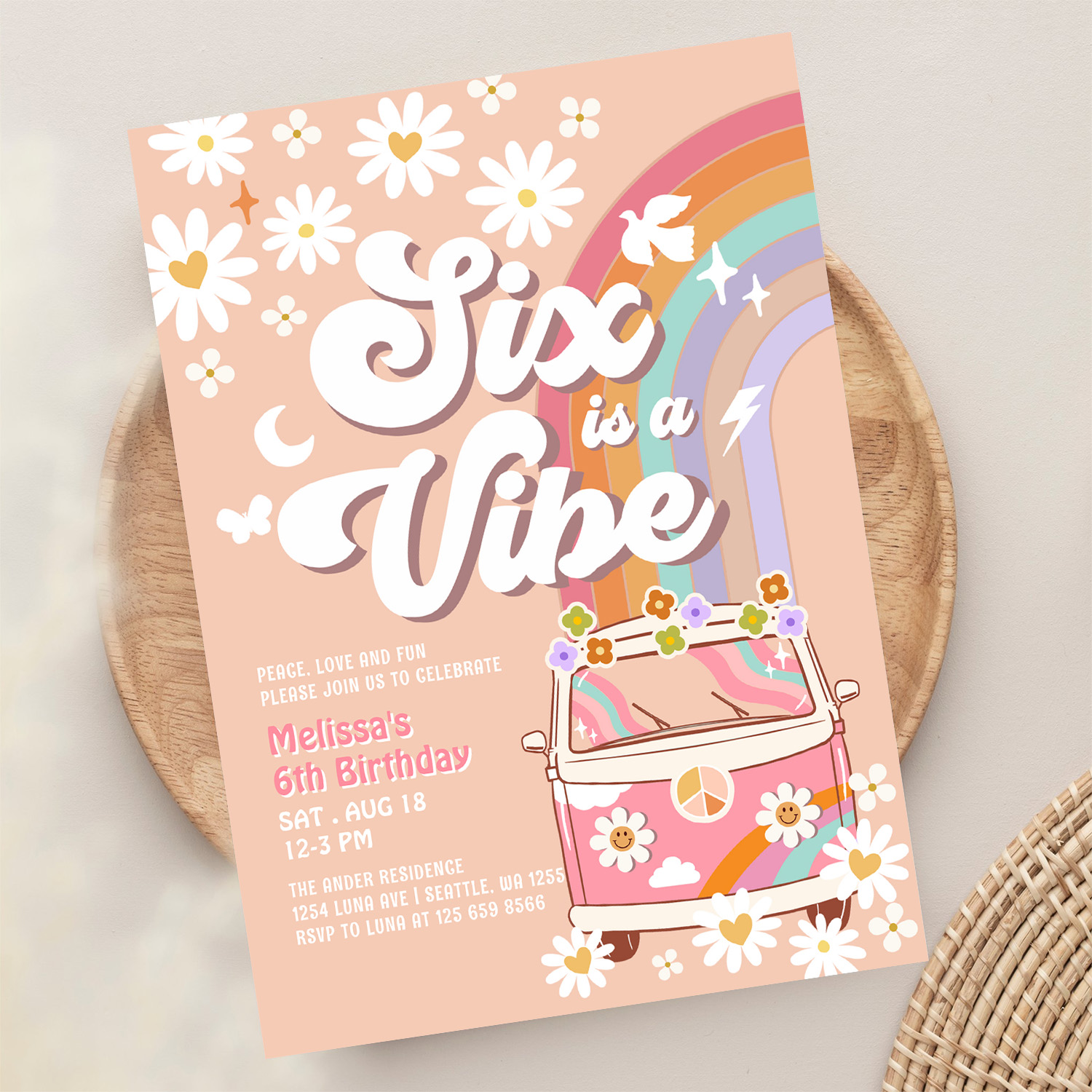 Six Is A Vibe Pink Daisy Rainbow Van Birthday Invitation - Image 13