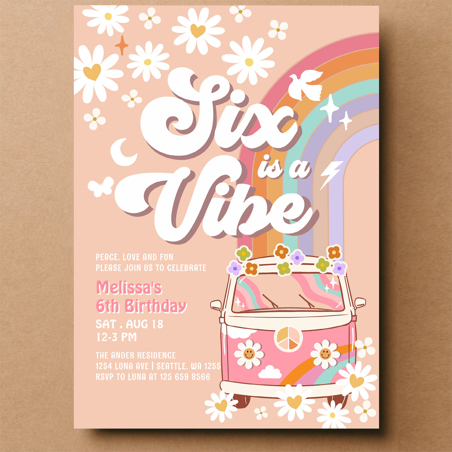 Six Is A Vibe Pink Daisy Rainbow Van Birthday Invitation - Image 14