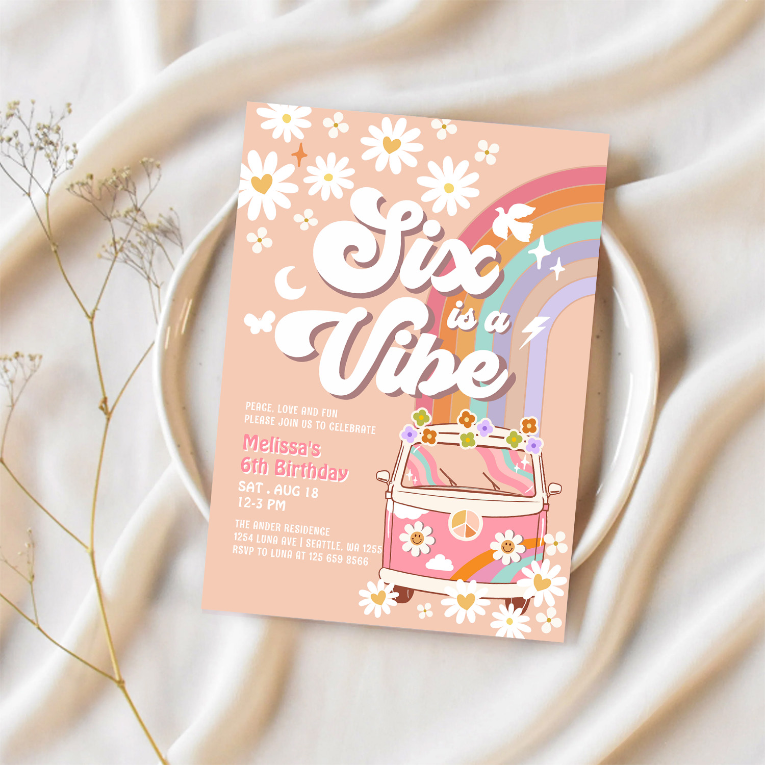 Six Is A Vibe Pink Daisy Rainbow Van Birthday Invitation - Image 2