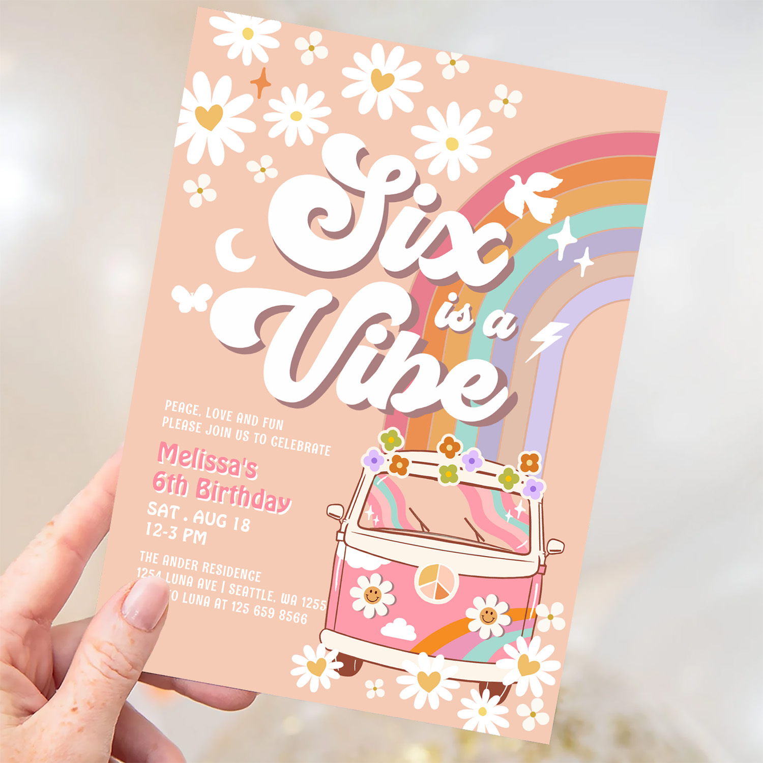 Six Is A Vibe Pink Daisy Rainbow Van Birthday Invitation - Image 3