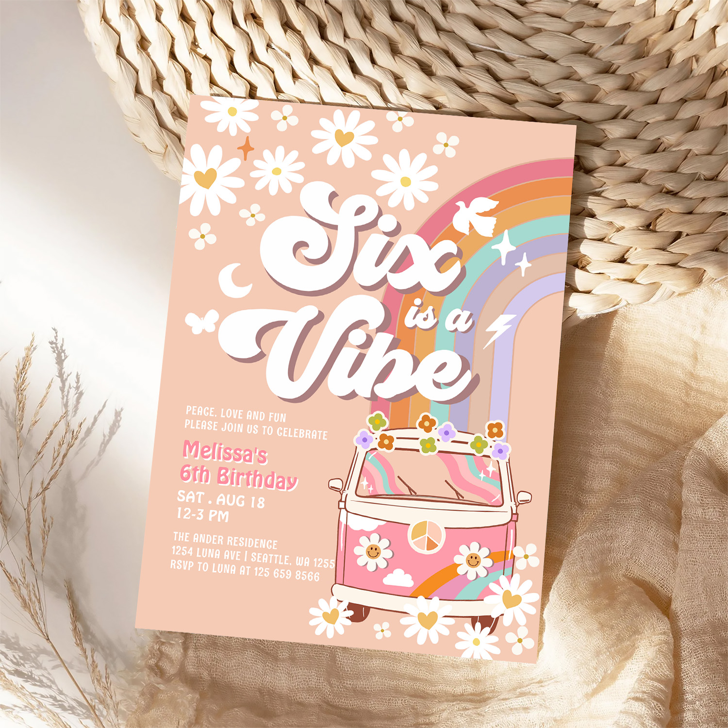 Six Is A Vibe Pink Daisy Rainbow Van Birthday Invitation - Image 4