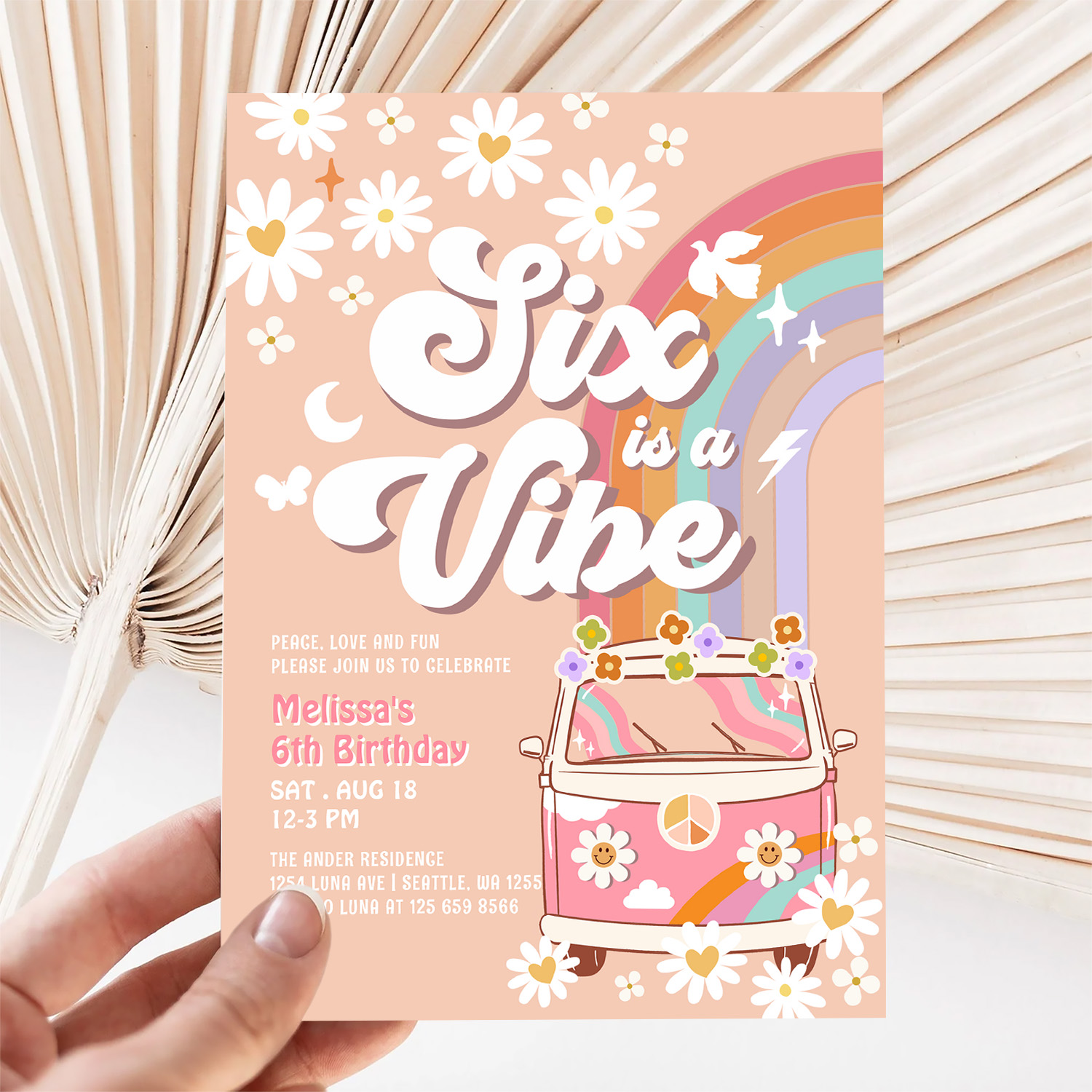 Six Is A Vibe Pink Daisy Rainbow Van Birthday Invitation - Image 5