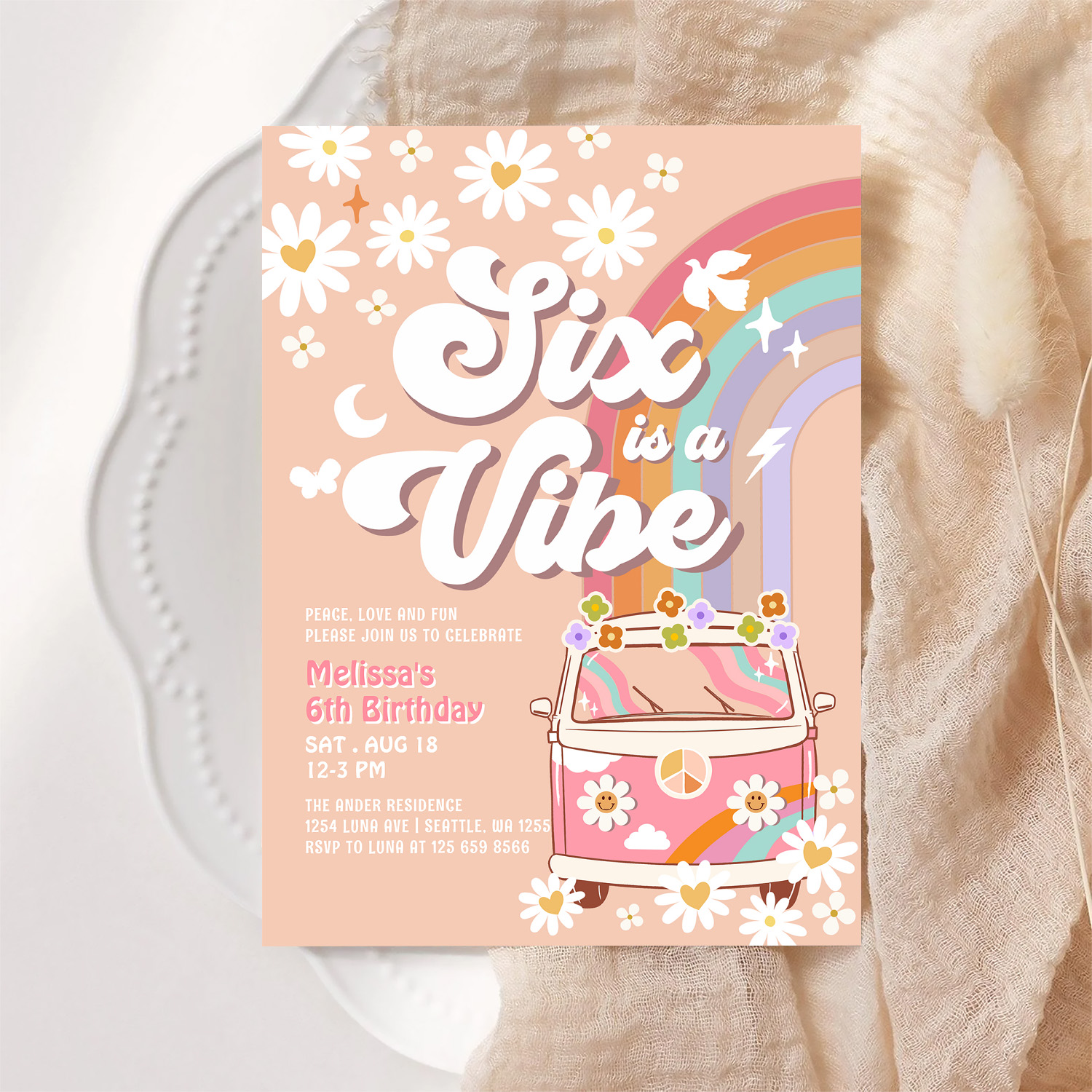 Six Is A Vibe Pink Daisy Rainbow Van Birthday Invitation - Image 6